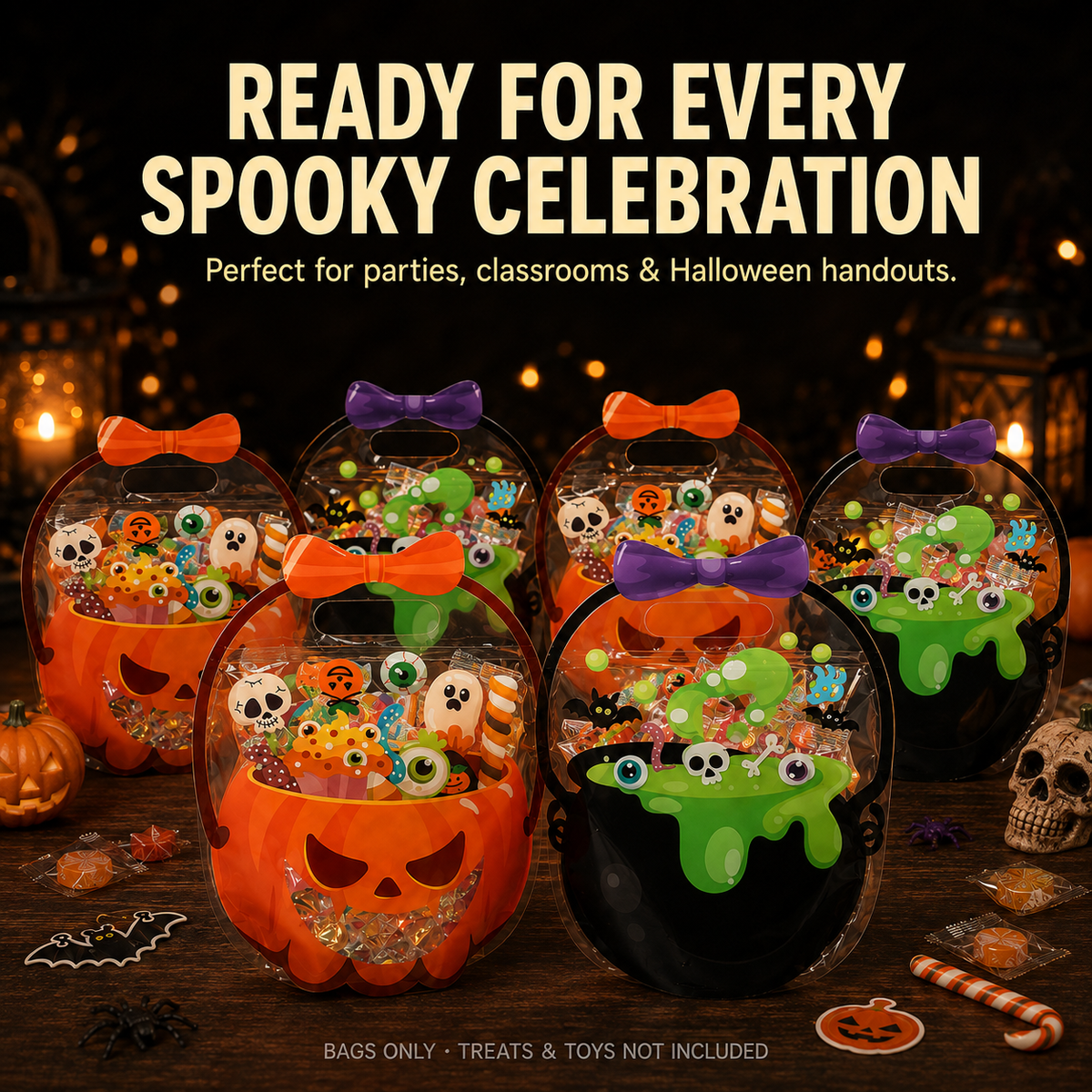 ๐ Halloween Cauldron Treat Bags โ Clear Fillable Party Favor Bags