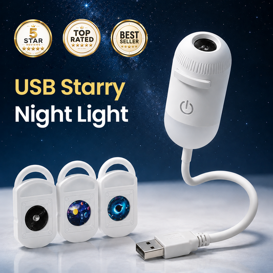 USB starry night light with galaxy projection, 5-star, top-rated and best-seller badges, and USB plug.