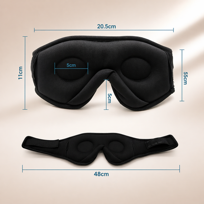 Black sleep mask with padded eye covers, adjustable strap, and dimensions of 20.5cm by 11cm for comfortable sleeping.