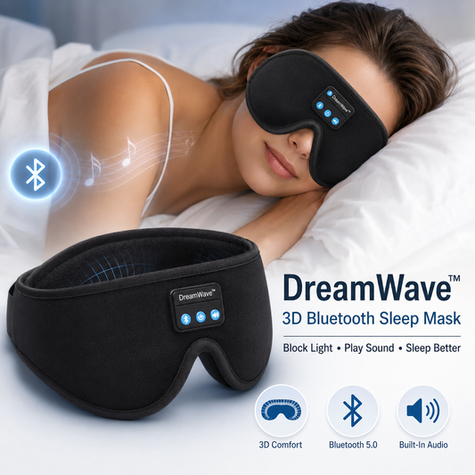 A black DreamWave 3D Bluetooth sleep mask shown both worn on a woman's eye in bed and as a standalone product on a light background, with text and icons indicating Bluetooth, 3D comfort, built-in audio, and block light features.