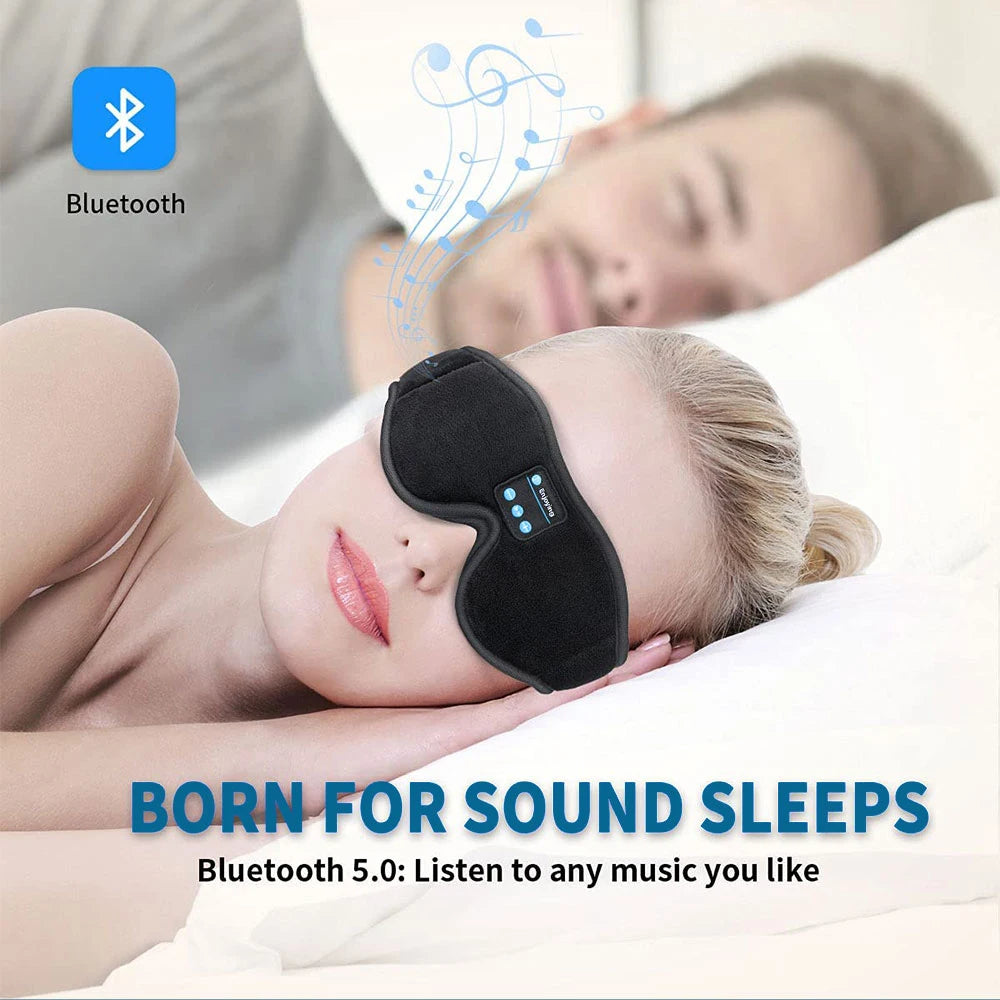 Woman wearing a sleep mask with Bluetooth headphones while sleeping, featuring Bluetooth 5.0 music connectivity.