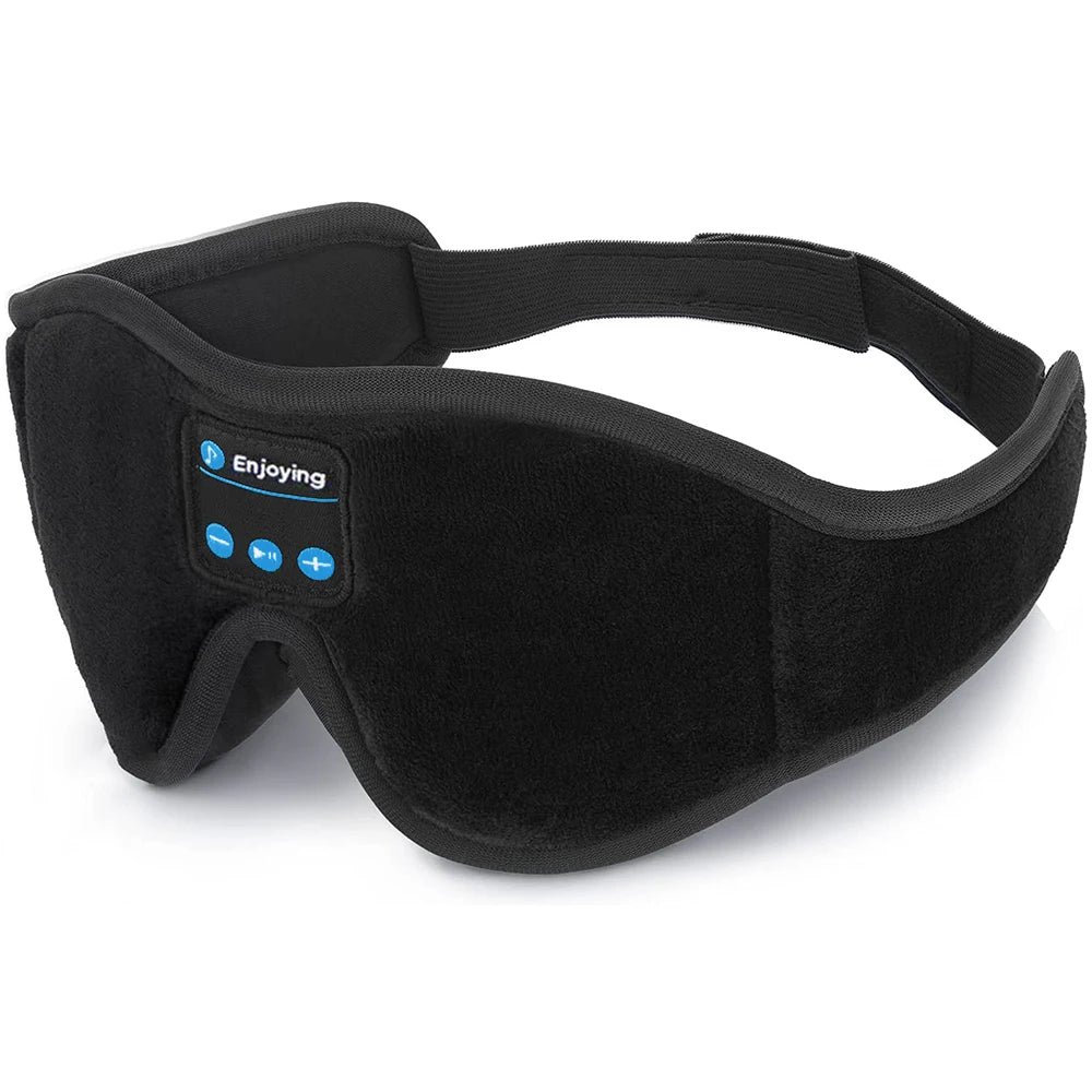 Black sleep mask with Bluetooth headphones, built-in controls, and adjustable headband for comfortable sleep.