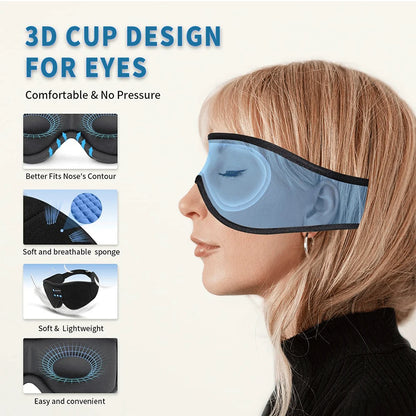 Woman wearing a 3D cup design eye mask with product features highlighted.
