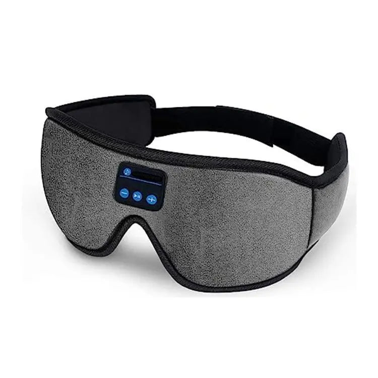 Gray sleep mask with Bluetooth headphones, built-in control panel, and padded eye cover for comfortable sleeping.