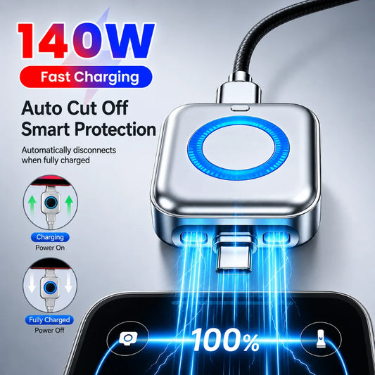 Smart Auto-Stop Charging Adapter with 140W fast charging, automatic cut-off, and 100% full-charge protection.