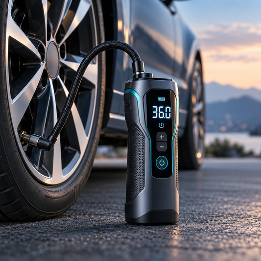 Cordless digital tire inflator beside a vehicle tire