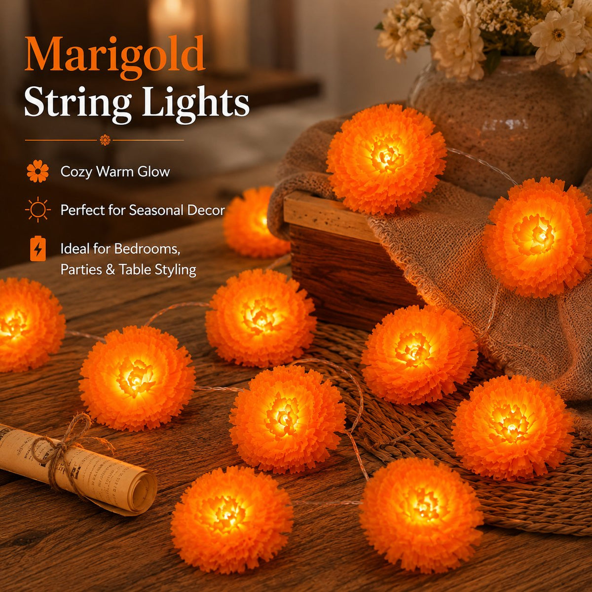 🎃🌼 Halloween Marigold LED Fairy String Lights
