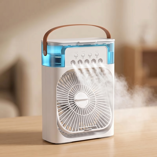 Portable evaporative cooler with fan and mist spray, compact 3 in 1 portable air cooler for home and outdoor use.